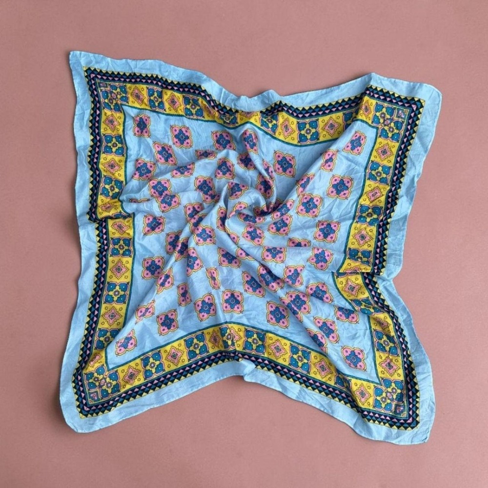 Vintage Square Scarf Pastel Blue Geometric Medallion 26